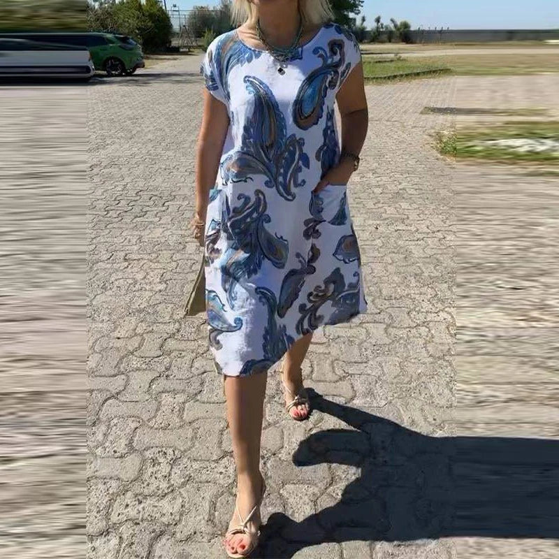 Casual High Waisted Loose Pocket Dress Women Short Sleeve O Neck Vestidos Dress Retros Pattern Printed Loose Commute Mid Dresses