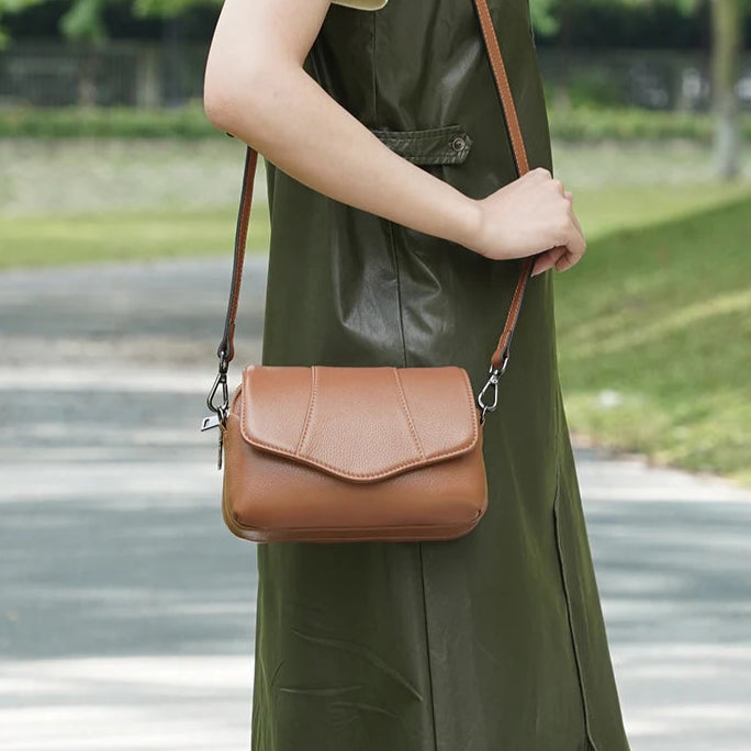 Zency Retro Genuine Leather Shell Bag for Women Simple Multi-compartment Shoulder Handbag Satchel Ladies Fashion Crossbody Bag
