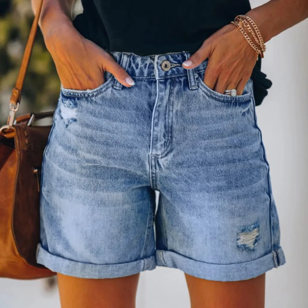 Pantalones vaqueros De bolsillo, pantalones cortos De mezclilla De verano, pantalones vaqueros para Mujer, pantalones cortos informales con agujero inferior, pantalones vaqueros De estilo roto, Pantalones De Mujer