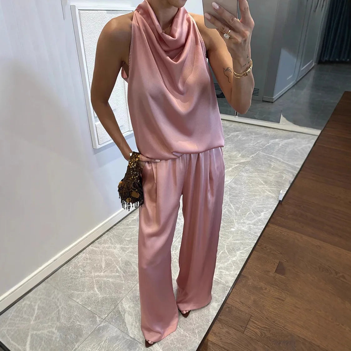 Summer Women Casual Satin Solid Color Commuting Suit Simple Loose Outfit Fashion O-neck Sleeveless Top and Long Pants 2pcs Set