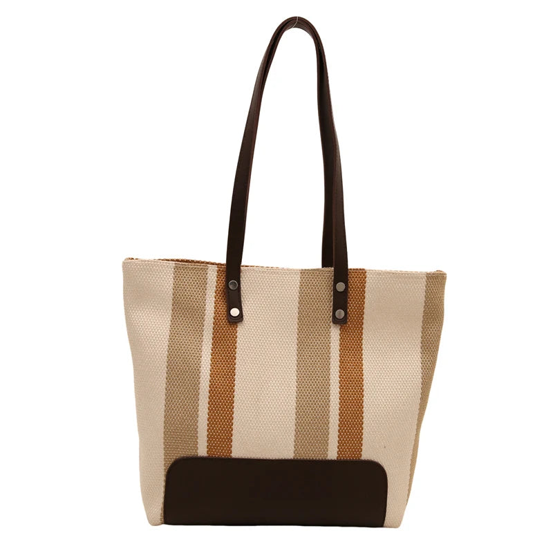 Women Canvas Tote Bag Striped Shoulder Bag Trendy Large Capacity Satchel Bag for Work Travel Shopping