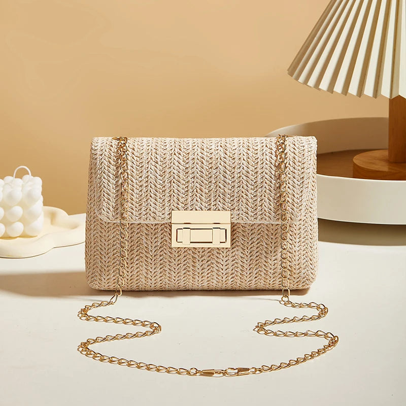 Fashion Straw Women Chain Shoulder Bag Woven High Capacity Buckle Closure Clutch Handmade Crossbody Bag Women