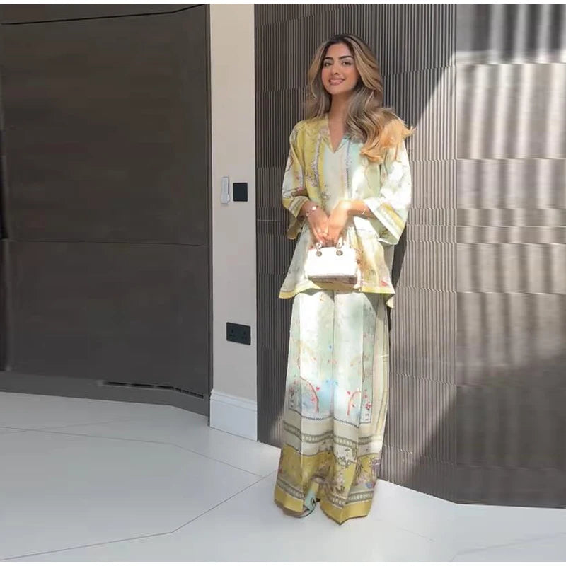 Women's Casual Printed Pants Set 2 Pieces Bohemian V-neck Long Sleeve Shirt Loose Wide Leg Trousers Lady 2025 Autumn Chic Outfit