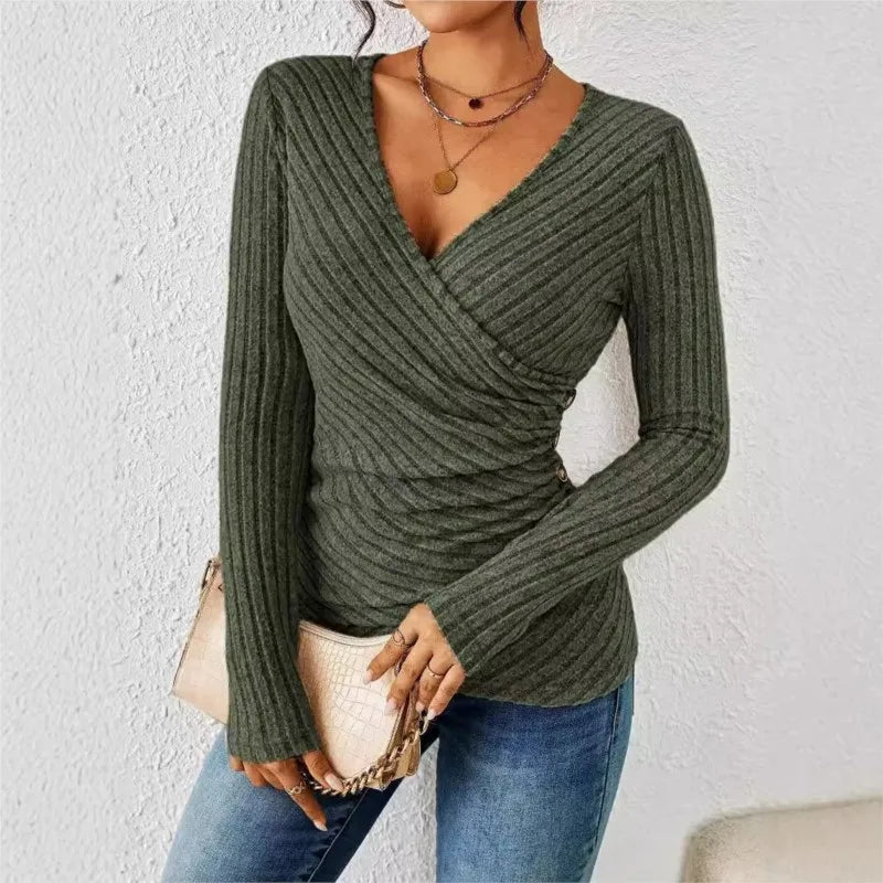Women's Bodycon Blouses Spring Autumn New Fashion Sexy Solid Color Pit Strip Slim Long Sleeve Knitting Top For Women Casual