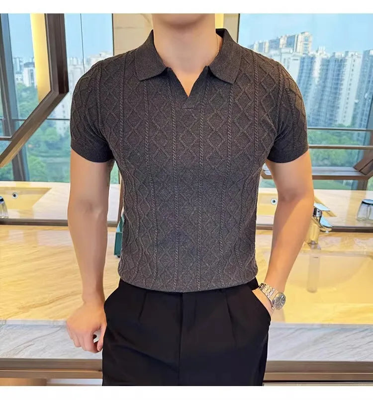Summer Knitted Solid Color V-Neck Quick Drying Breathable Cool Business Slim Fit Casual Men's Golf Polo Shirt T-Shirt Top