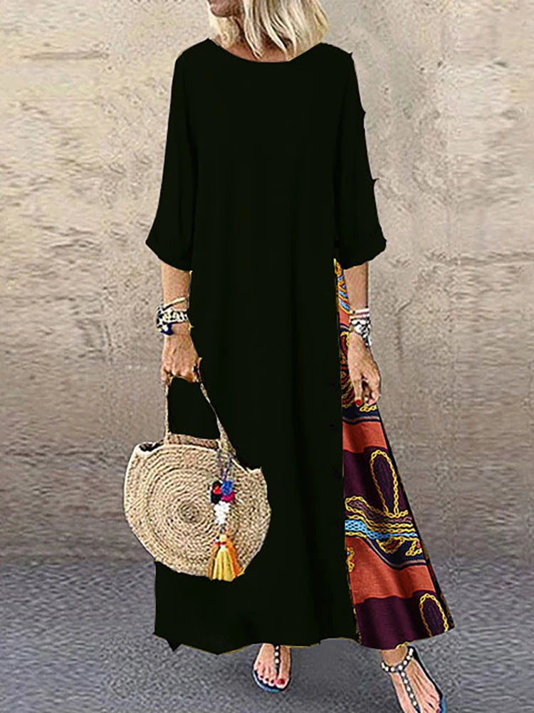 Women Vintage Print Patchwork Maxi Dress Boho 3/4 Sleeve Oversized Long Dress Casual Harajuku O Neck Loose Dress Elegant Robe