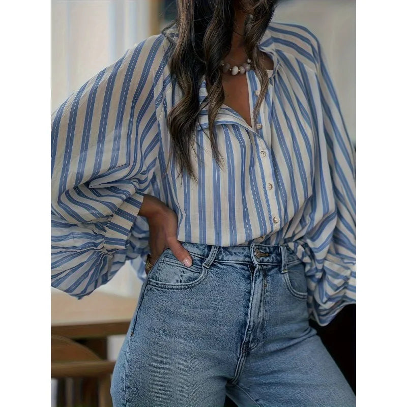 Plus Size 1XL-5XL New Women's Casual Striped Shirt Fashion Long Sleeve O Neck Button Loose Shirts Top