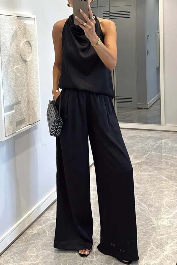 Summer Women Casual Satin Solid Color Commuting Suit Simple Loose Outfit Fashion O-neck Sleeveless Top and Long Pants 2pcs Set