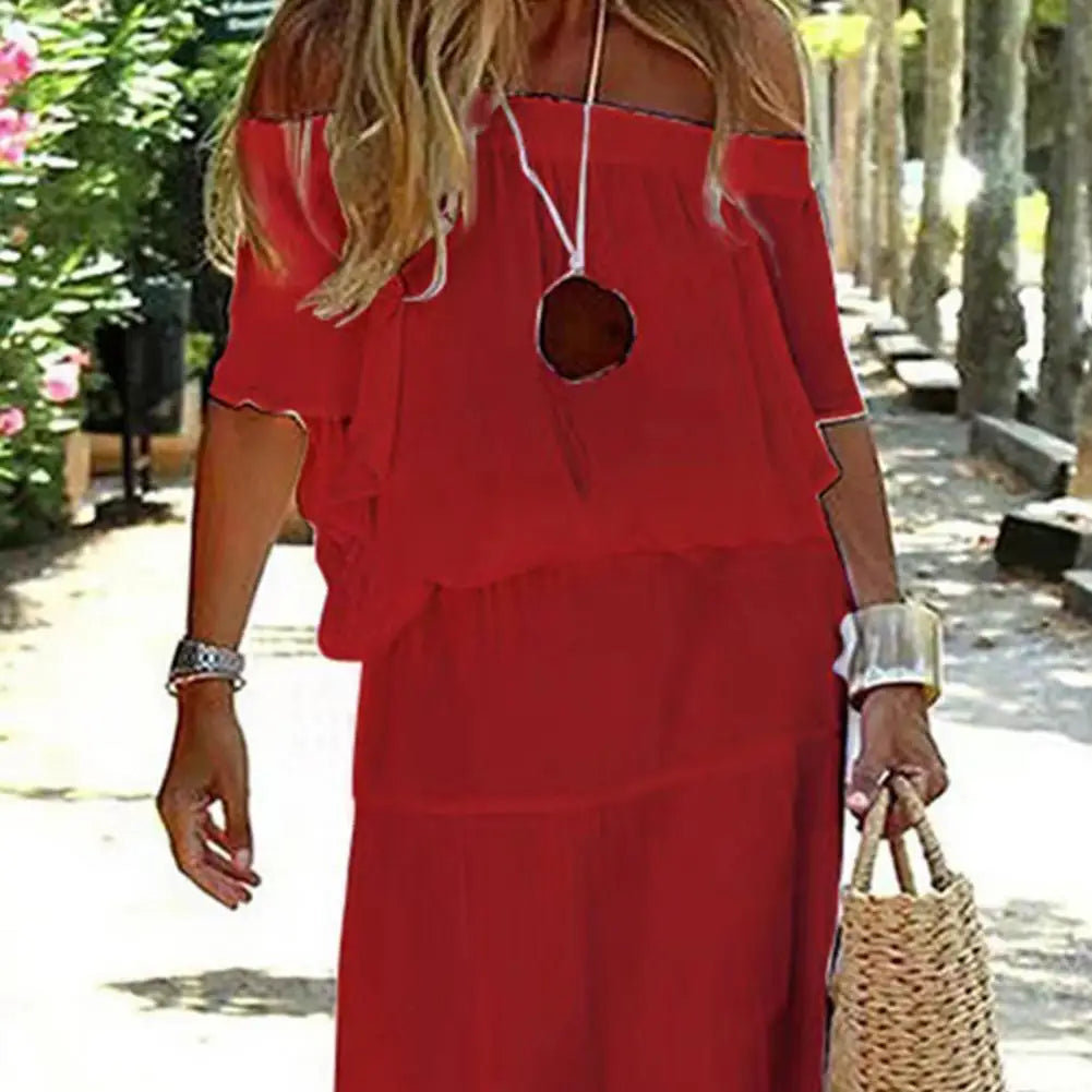 Casual Dress Off Shoulder Short Sleeve Elastic Waist Women Dress Solid Color Loose Cut Slim Party Dress