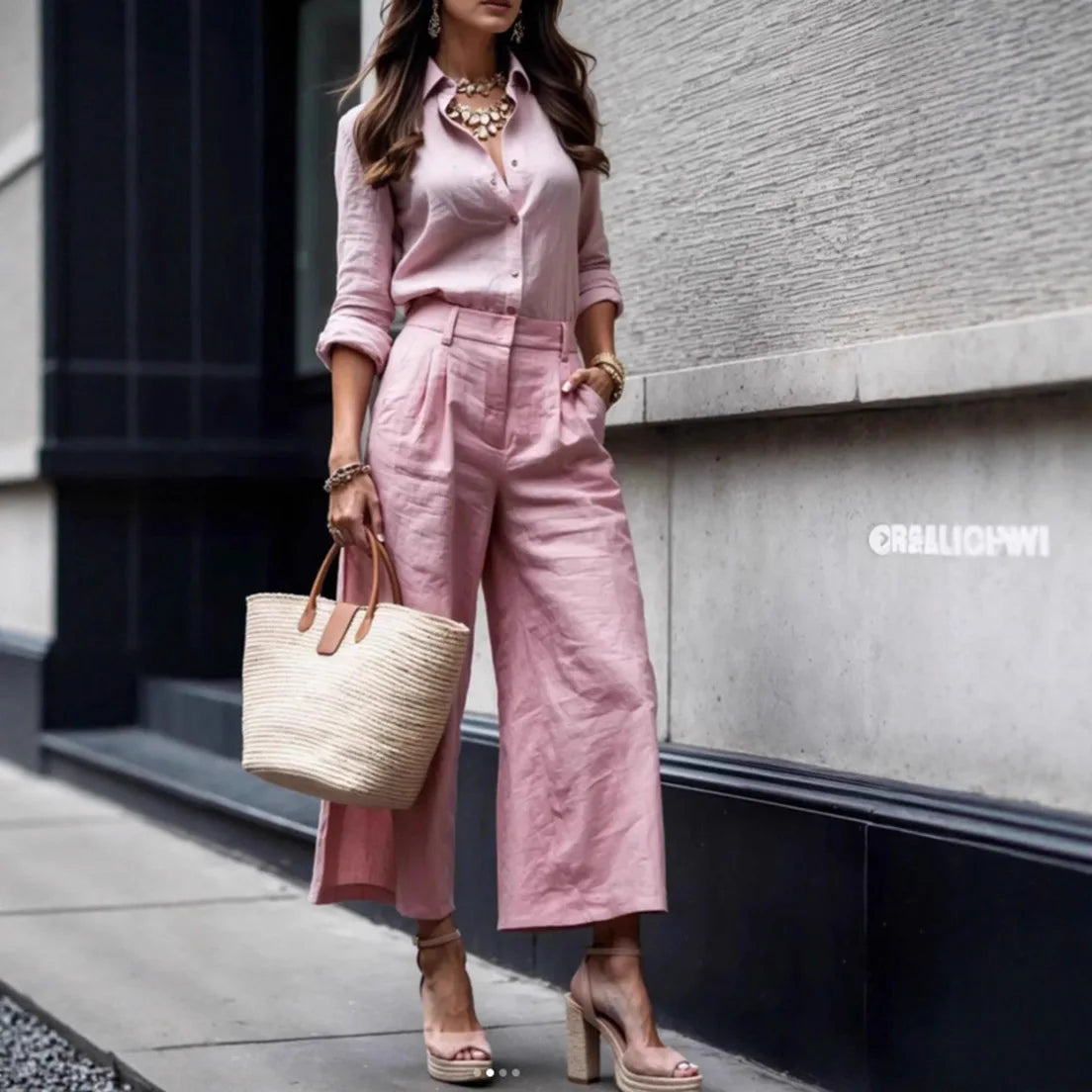 Women Two Pieces Pants Sets Casual Matching Sets Pant Button Long Sleeve Top Empire Waist Zipper Fly Pant Loose Work 2025 Spring