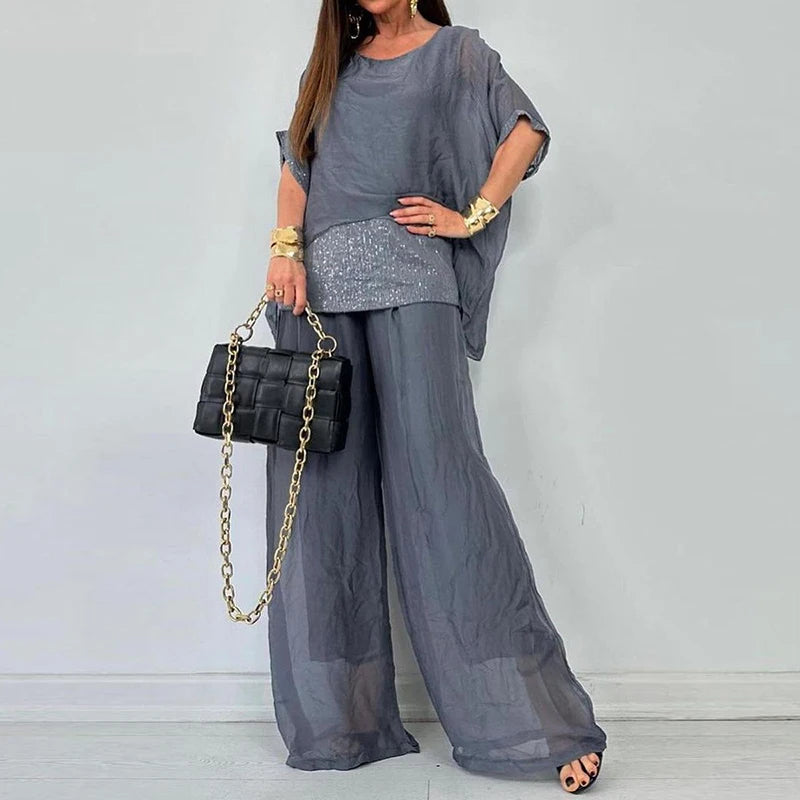 Spring Splicing Sequin Chiffon Set Women Casual Round Neck Top Pullover & Wide Leg Pants Suit Summer Batwing Sleeve Loose Outfit