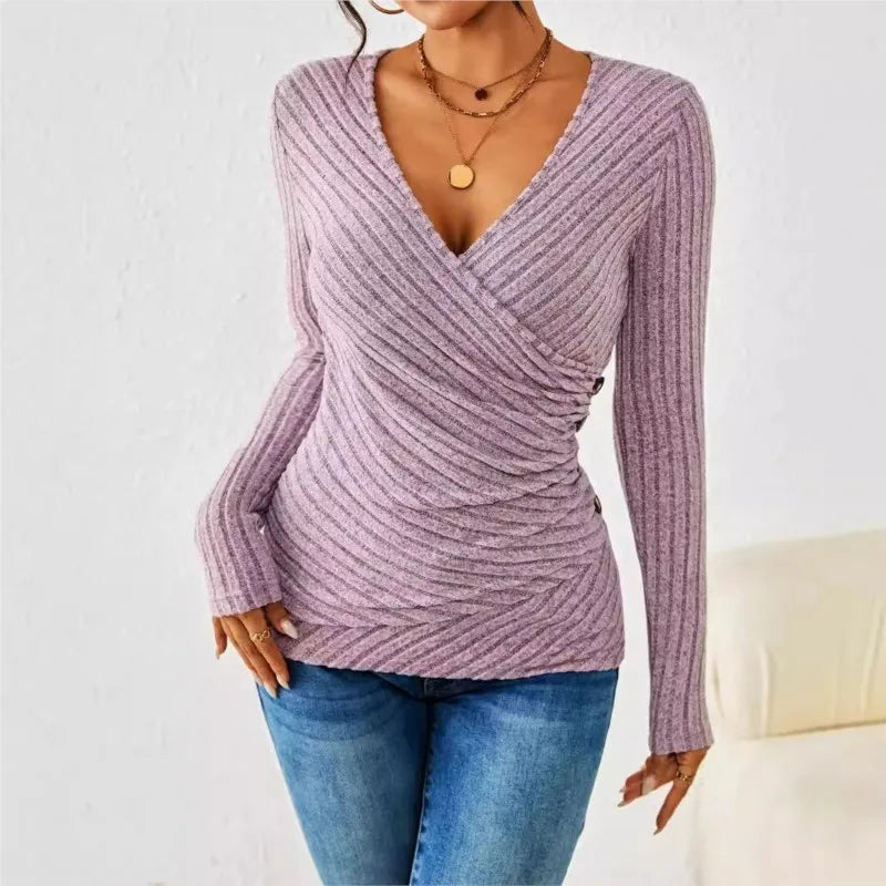 Women's Bodycon Blouses Spring Autumn New Fashion Sexy Solid Color Pit Strip Slim Long Sleeve Knitting Top For Women Casual