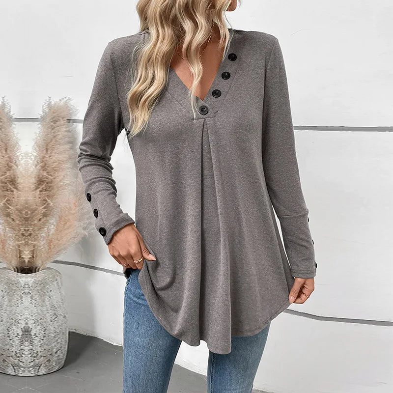 New Autumn Casual Top Mid-length V-neck Solid Color Long-sleeved T-shirt for Women