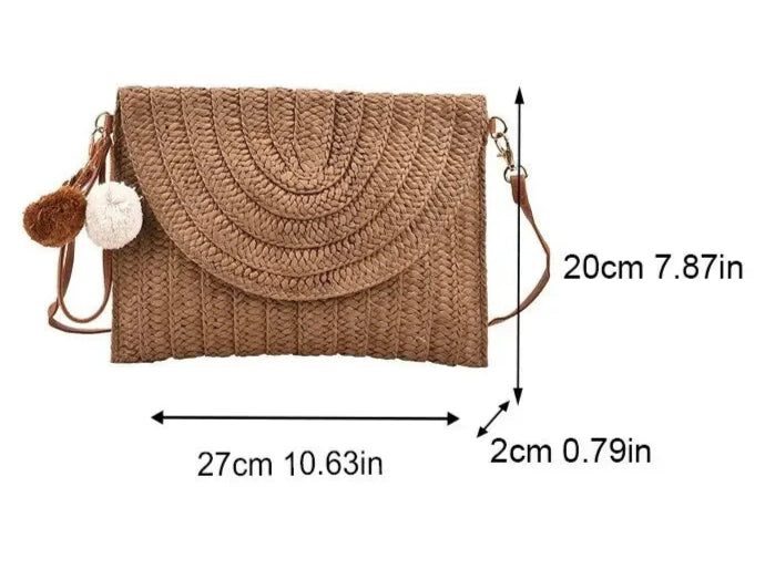 Handmade Straw Beach Shoulder Crossbody Bag Girls Envelope Woven Summer Small Hair Ball Cluth