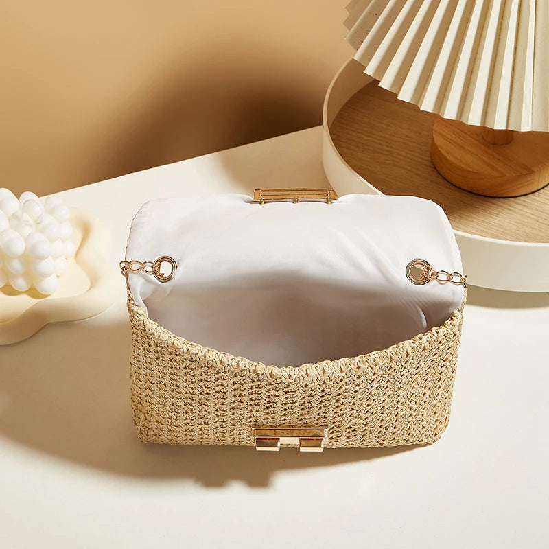 Fashion Straw Women Chain Shoulder Bag Woven High Capacity Buckle Closure Clutch Handmade Crossbody Bag Women