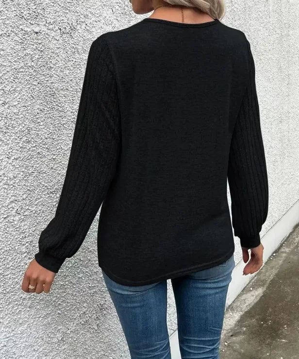 2025Popular2025New European and American Style Autumn New Button Decoration PatchworkVCollarTWomen's Pullover T-Shirt