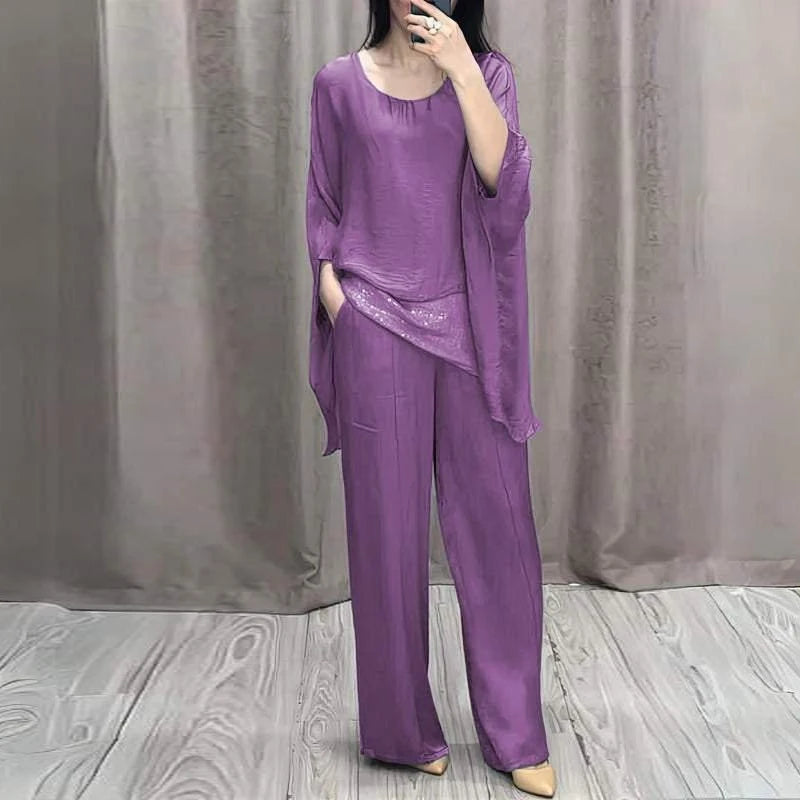 Spring Retro Patchwork Sequin Outfit Women Casual Round Neck Top Pullover & Long Pants Set Summer Batwing Sleeve Loose 2pcs Suit