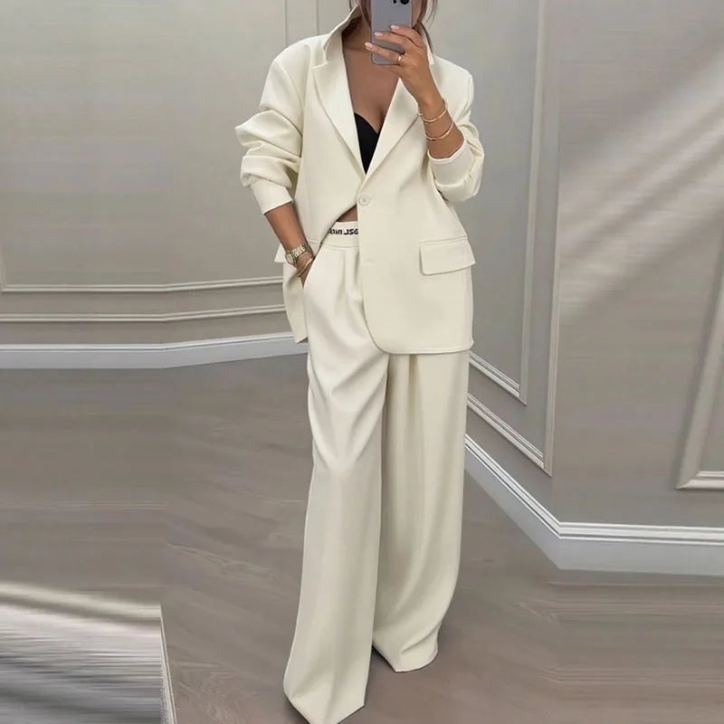 Autumn Casual Women's Suit Set Sexy Turn-down Collar Button Blazer & Straight-leg Pants Set Winter Solid Long Sleeve Chic Outfit