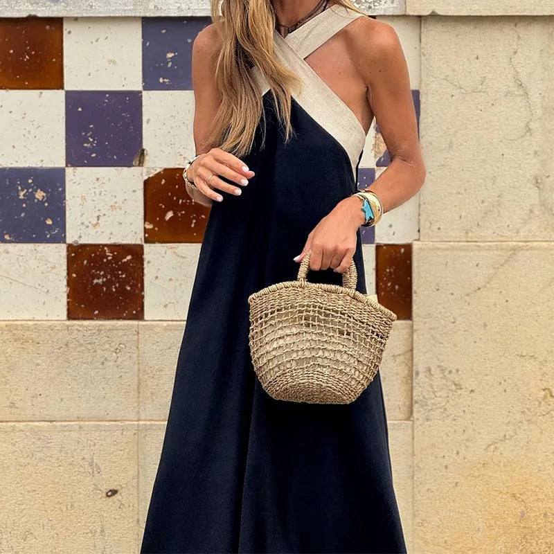 Summer Fashion Solid Color Hanging Neck Strap Sleeveless Cotton And Hemp Dresses Elegant Women's Sexy Cross Neck Maxi Vestidos