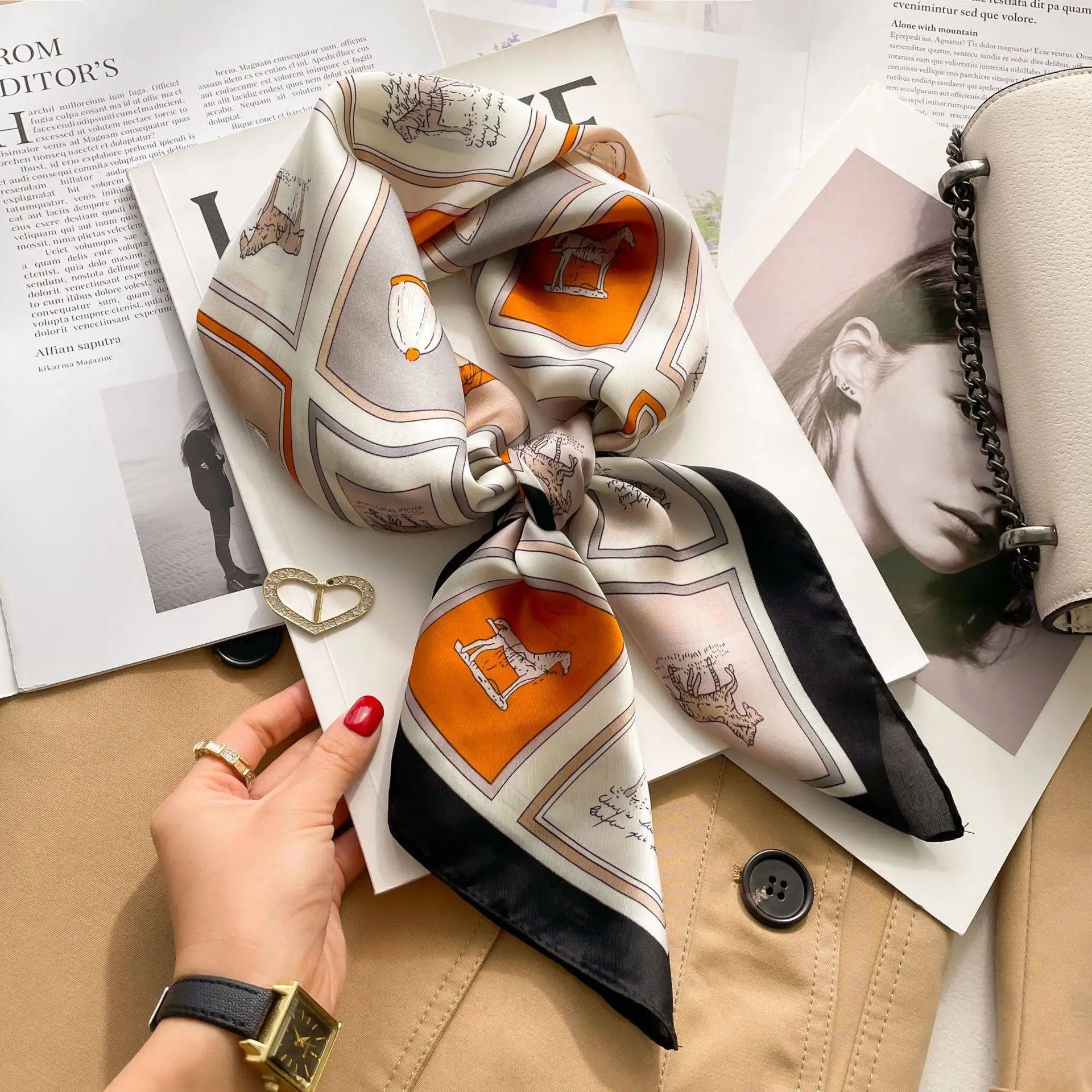 Luxury Brand Horse Print Skinny Silk Square Scarf For Women Soft Satin Neckerchief Scarves Bag Ribbon Female Foulard Hairband