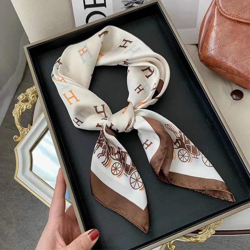 Luxury Brand Horse Print Skinny Silk Square Scarf For Women Soft Satin Neckerchief Scarves Bag Ribbon Female Foulard Hairband