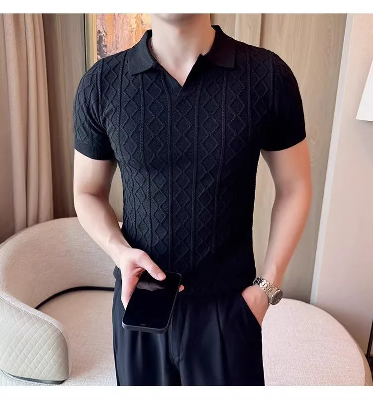 Summer Knitted Solid Color V-Neck Quick Drying Breathable Cool Business Slim Fit Casual Men's Golf Polo Shirt T-Shirt Top