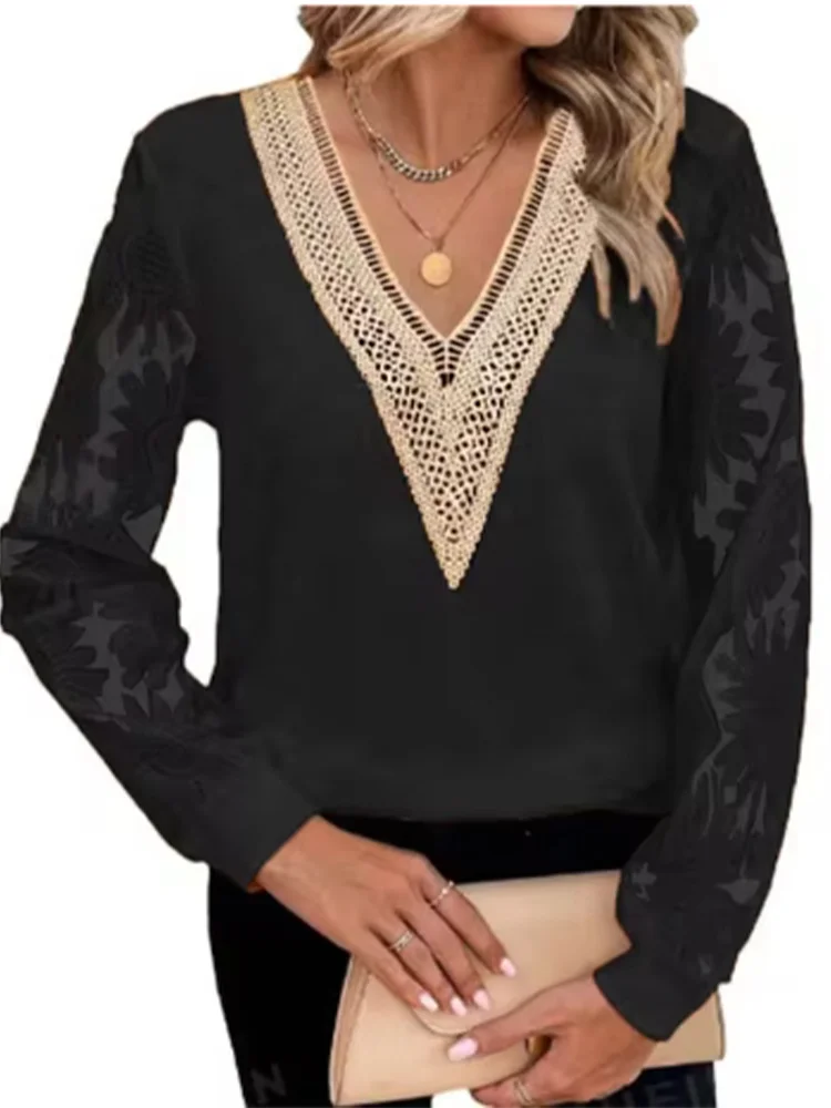 3 Solid Color Perspective Lace Long Sleeve Blouse Women's V-Neck Hollowed Out T-Shirt Elegant Daily Office Autumn Top