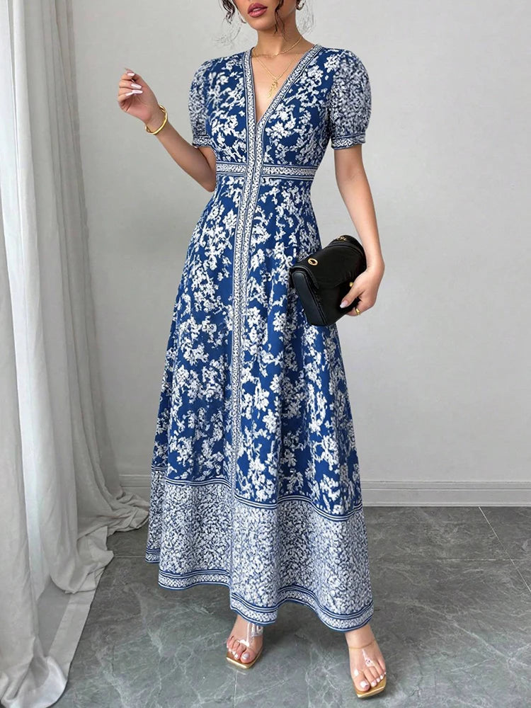 Rafiah Women's Even Dress 2025 Summer Modest Fashion Chinese Style Graphic Printing Short Puff Sleeve V-Neck Draped Long Dress