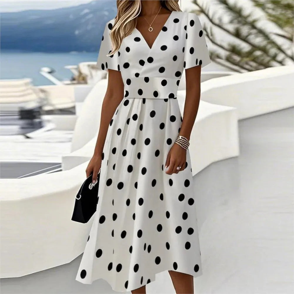 2025 Summer Fashion Women Print Dress Short Sleeve V Neck Slim Waist A-line Dress High Sweet Elegant Commuter Women Clothing