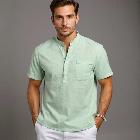 Men's Henley Neck Cotton Linen Shirt - Casual Elegance