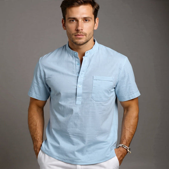 Men's Henley Neck Cotton Linen Shirt - Casual Elegance