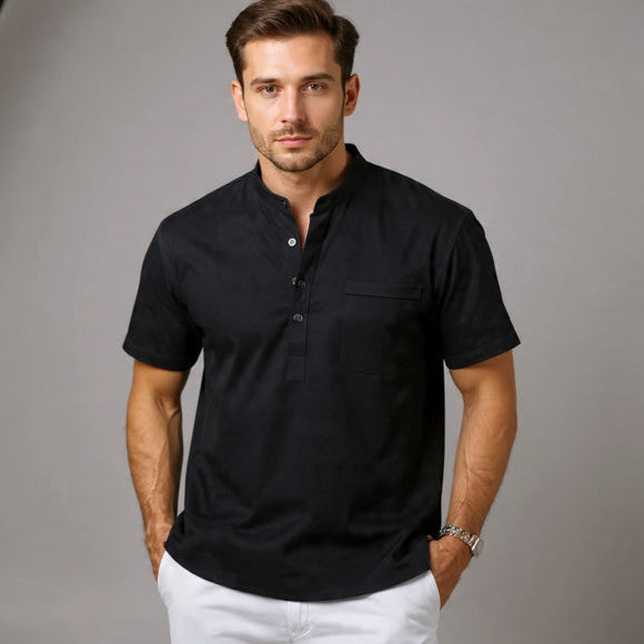 Men's Henley Neck Cotton Linen Shirt - Casual Elegance
