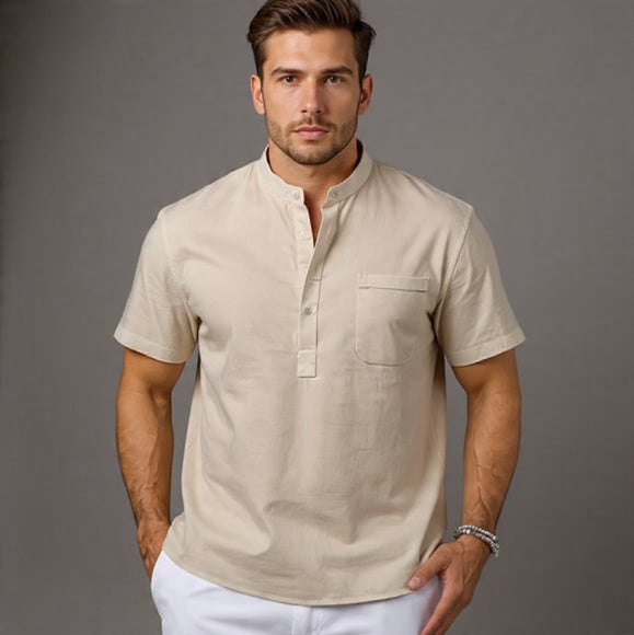 Men's Henley Neck Cotton Linen Shirt - Casual Elegance